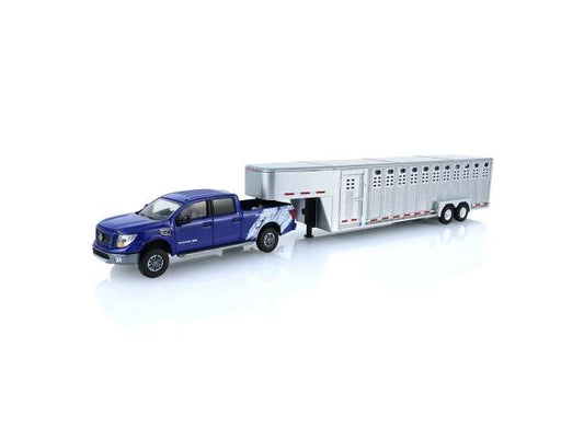Pre-Order – 2018 Nissan Titan XD Pro-4X Custom  with livestock trailer *Hitch & Tow Series 34*, deep blue pearl 1:64 GreenLight Model (gl32340B) – ETA. September 2026