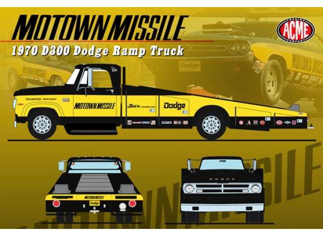 Pre-Order – 1970 Dodge D300 Ramp Truck*Motown Missile*, black/yellow 1:18 Acme Diecast Model (acme1801918) – ETA. July/August 2026