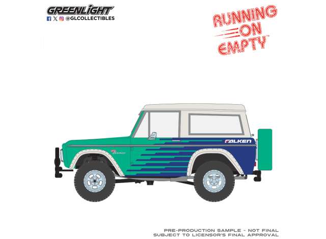 Pre-Order – 1976 Ford Bronco Falken Tires *Running on Empty*, blue/green 1:24 GreenLight Model (gl85090) – ETA. July/August 2026