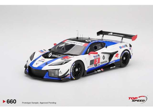 Pre-Order – 2025 Chevrolet Corvette Z06 GT3.R #3 Corvette Racing By Pratt Miller Motorsports Sebring 12 hrs, white/blue/red 1:18 Top Speed Model (TS0660) – ETA. September 2026