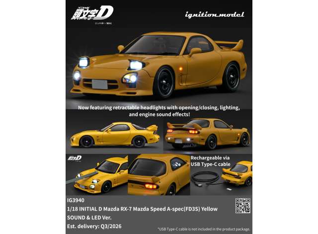 Pre-Order – Initial D Mazda RX-7 Mazda Speed A-spec (FD3S) with sound and LED,  yellow 1:18 Ignition Model (IG3940) – ETA. October/November 2026