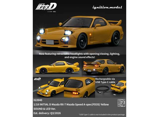 Pre-Order – Initial D Mazda RX-7 Mazda Speed A-spec (FD3S) with sound and LED,  yellow 1:18 Ignition Model (IG3940) – ETA. October/November 2026