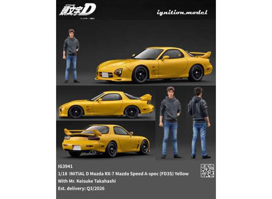 Pre-Order – Initial D Mazda RX-7 Mazda Speed A-spec (FD3S) with Mr. Keisuke Takahashi,  yellow 1:18 Ignition Model (IG3941) – ETA. October/November 2026