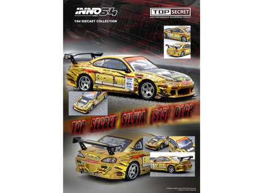 Pre-Order – 2004 TOP SECRET Silvia (S15) D1 Grand Prix Series Champion, gold 1:64 Inno Models Model (IN64-S15TS-D104) – ETA. July/August 2026