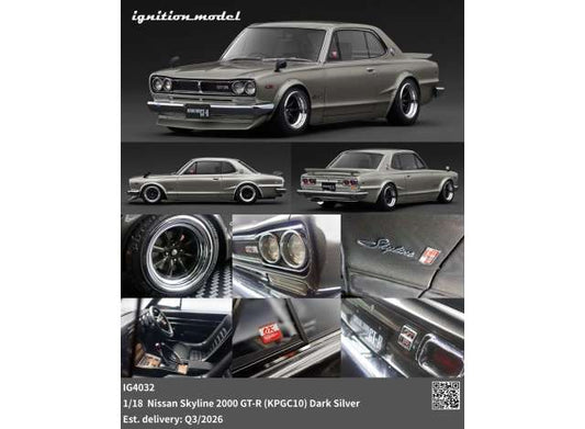 Pre-Order – Nissan Skyline 2000 GT-R (KPGC10), dark silver 1:18 Ignition Model (IG4032) – ETA. October/November 2026