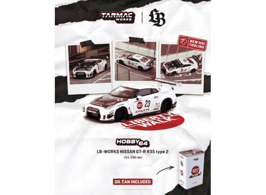 Pre-Order – 2025 Nissan GT-R (R35) LB Works Type 2 White Athlete X Collect in a LB Limited Tin Can White/Red/Black TCT64090WH Stocks Due Jul / Aug 2026 1:64 Tarmac Works Diecast Model Stocks Due Jul / Aug 2026