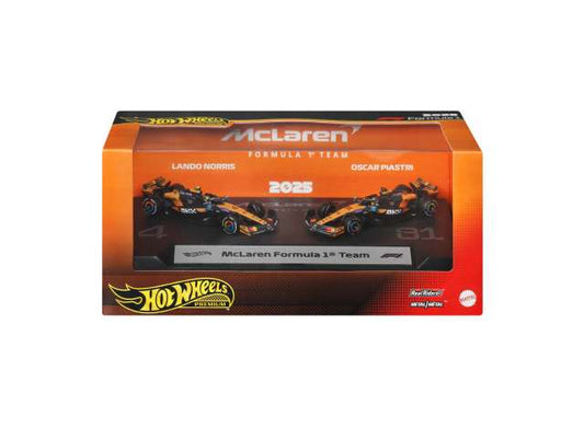 Pre-Order – Mclaren #81 Oscar Piastri and Mclaren #4 Lando Norris *F1 2-pack*, black/orange 1:64 Hotwheels Model (hwmvJMM91) – ETA. September 2026