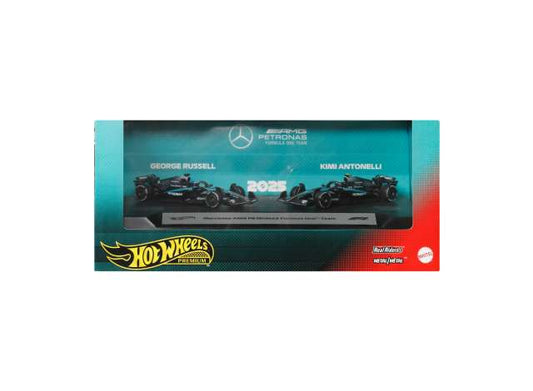 Pre-Order – Mercedes #63 Kimi Antonelli and Mercedes Geroges Russell *F1 2-pack*, black/blue 1:64 Hotwheels Model (hwmvJMM93) – ETA. September 2026