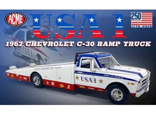 Pre-Order – 1967 Chevrolet C-30 Ramp Truck *USA-1*, white/blue/red 1:18 Acme Diecast Model (acme1801713) – ETA. October/November 2026