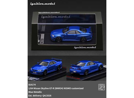 Pre-Order – Nissan Skyline GT-R (BNR34) NISMO customized, blue metallic 1:64 Ignition Model (IG4174) – ETA. January/February 2027