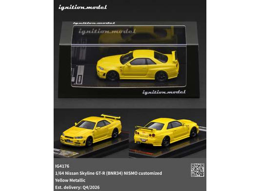 Pre-Order – Nissan Skyline GT-R (BNR34) NISMO customized, yellow metallic 1:64 Ignition Model (IG4176) – ETA. January/February 2027