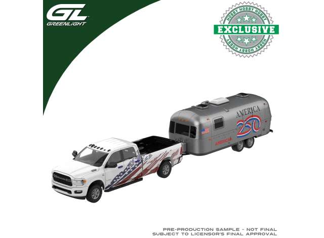 Pre-Order – 2024 Ram 2500 Laramie with 2026 Airstream America 250 Edition, white/blue/red 1:64 GreenLight Model (gl30610) – ETA. October/November 2026