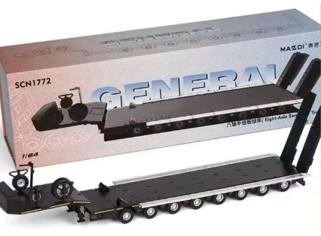 Pre-Order – Eight-Axis Semi-Low Deck Trailer, black 1:64 Massdi Model (MAS-SCN1772) – ETA. October 2026