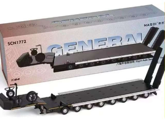 Pre-Order – Eight-Axis Semi-Low Deck Trailer, black 1:64 Massdi Model (MAS-SCN1772) – ETA. October 2026