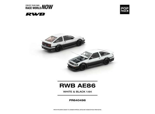 Pre-Order – RWB AE86, white/black 1:64 Pop Race Limited Model (PR640496) – ETA. October/November 2026