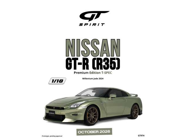 Pre-Order – 2024 Nissan GT-R (R35) Premium Edition T-Spec *Resin serie*, millennium jade 1:18 GT Spirit Model (GT974) – ETA. January 2027