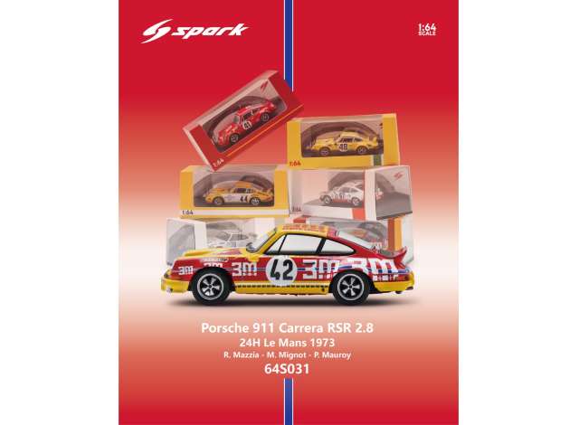 Pre-Order – 1973 Porsche 911 Carrera RSR 2.8 #42 R.Mazzia/M.Mignot/P.Mauroy 24H Le Mans, red/yellow 1:64 Spark Model (spa64S031) – ETA. December 2026