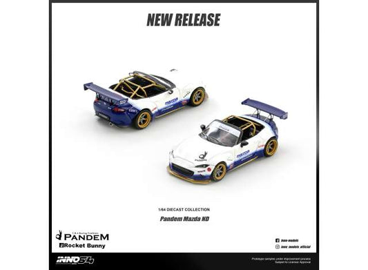 Pre-Order – Mazda MX-5 (ND) Miata *Pandem Rocket Bunny* V1.0, white/blue 1:64 Inno Models Model (in64-MX5P-ND-01) – ETA. September 2026