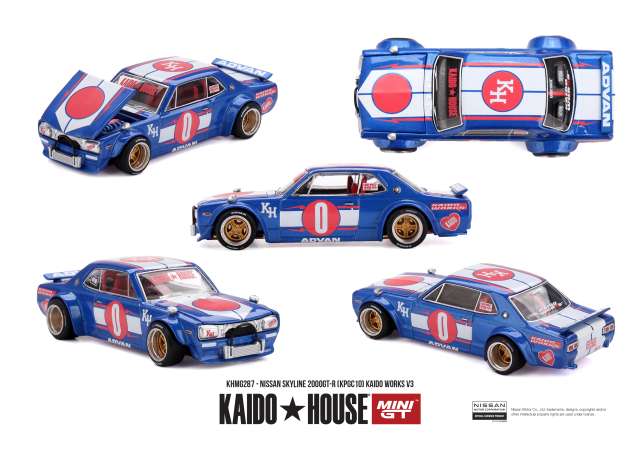 Pre-Order – 1969 Nissan Skyline 2000GT-R (KPGC10) Kaido Works V3, blue/red/white 1:64 Mini GT Model (MGTKHMG287) – ETA. January 2027