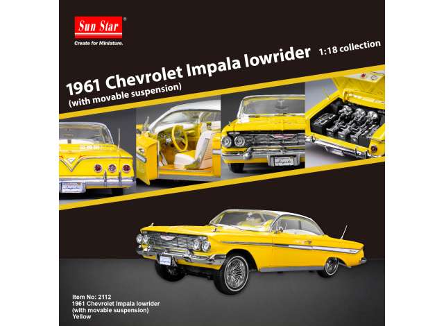Pre-Order – 1961 Chevrolet Impala Hard top Lowrider with movable suspension, yellow 1:18 SunStar Model (sun2112) – ETA. December 2026
