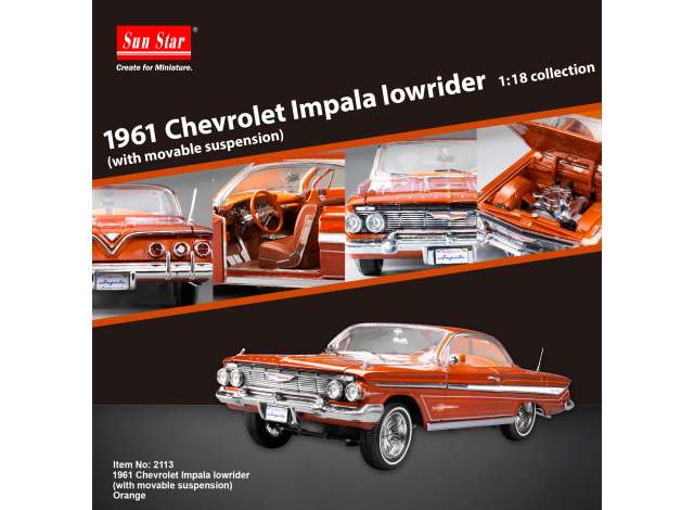 Pre-Order – 1961 Chevrolet Impala Hard top Lowrider with movable suspension, orange 1:18 SunStar Model (sun2113) – ETA. December 2026