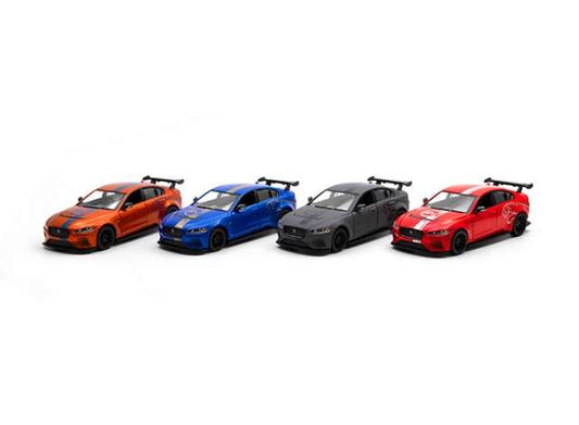 Pre-Order – Jaguar XE SV Project 8 *Livery Edition*, Assortment tray of 12 with 4 colours in the tray, red, orange, blue, matte grey 1:38 Kinsmart Model (KT5416DF~12) – ETA. December 2026