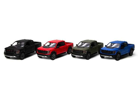 Pre-Order – 2022 Ford F-150 Raptor matte color Assortment tray of 12 with 4 colours in the tray; blue, green, black, red 1:36 Kinsmart Model (KT5436DM~12) – ETA. December 2026