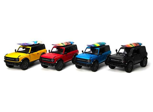 Pre-Order – 2022 Ford Bronco with surfboard Assortment tray of 12 with 4 colours in the tray; red, yellow, blue, black 1:34 Kinsmart Model (KT5438DS~12) – ETA. December 2026