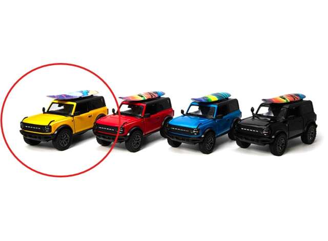 Pre-Order – 2022 Ford Bronco with surfboard, yellow 1:34 Kinsmart Model (KT5438WSy) – ETA. December 2026