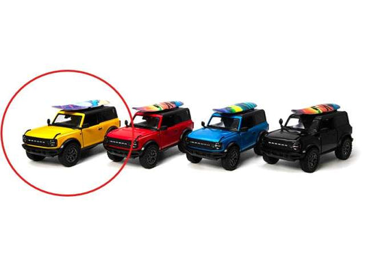 Pre-Order – 2022 Ford Bronco with surfboard, yellow 1:34 Kinsmart Model (KT5438WSy) – ETA. December 2026