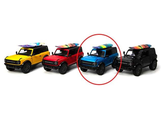 Pre-Order – 2022 Ford Bronco with surfboard, blue 1:34 Kinsmart Model (KT5438WSb) – ETA. December 2026