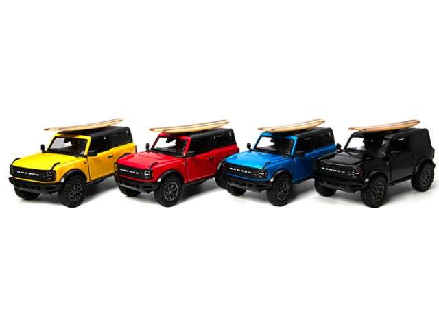 Pre-Order – 2022 Ford Bronco with wooden surfboard Assortment tray of 12 with 4 colours in the tray; red, yellow, blue, black 1:34 Kinsmart Model (KT5438DS1~12) – ETA. December 2026