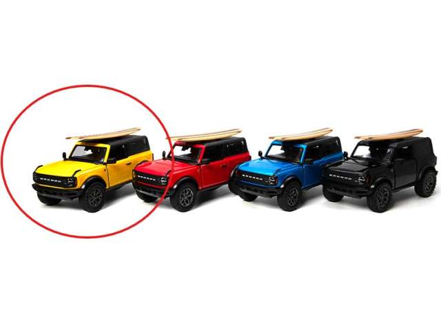Pre-Order – 2022 Ford Bronco with wooden surfboard, yellow 1:34 Kinsmart Model (KT5438WS1y) – ETA. December 2026
