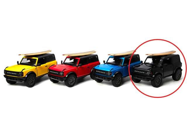 Pre-Order – 2022 Ford Bronco with wooden surfboard, black 1:34 Kinsmart Model (KT5438WS1bk) – ETA. December 2026