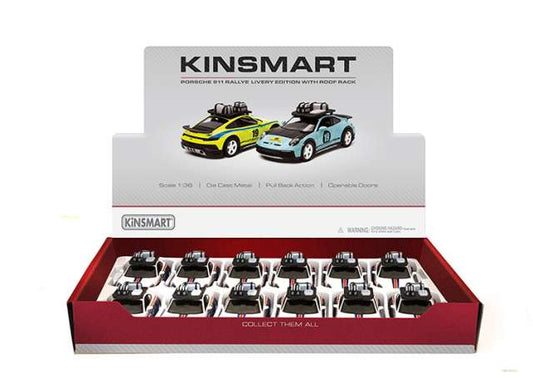 Pre-Order – Porsche 911 Rallye with Roof Rack *Livery Edition* assortment tray with 12pcs, white 1:36 Kinsmart Model (KT5481DFB~12) – ETA. December 2026