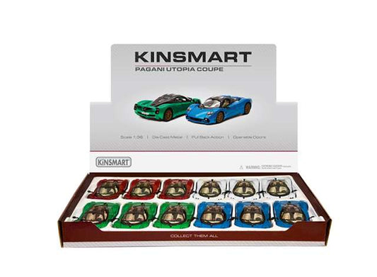 Pre-Order – Pagani Utopia Coupe Assortment tray of 12 with 4 colours in the tray, red, white, green, blue 1:36 Kinsmart Model (KT5483D~12) – ETA. December 2026