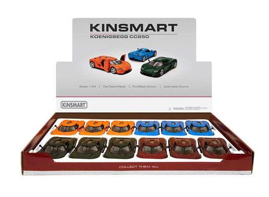 Pre-Order – Koenigsegg CC850 Assortment tray of 12 with 4 colours in the tray, blue, green, orange, red 1:34 Kinsmart Model (KT5485D~12) – ETA. December 2026