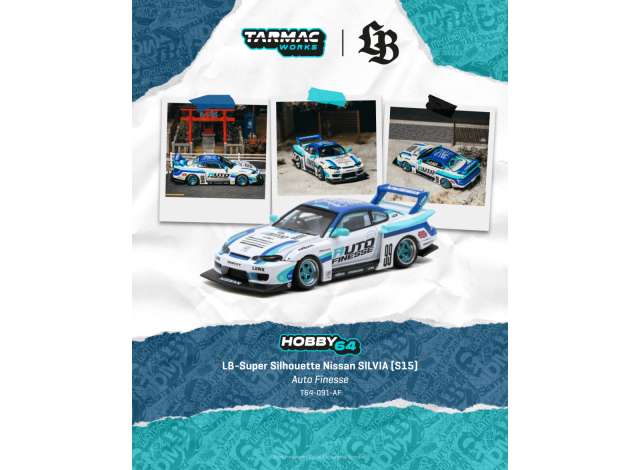 Pre-Order – 2025 Nissan Skyline (S15) LB Super Silhouette Auto Finesse, white/blue 1:64 Tarmac Model (TC-T64-091-AF) – ETA. February 2027