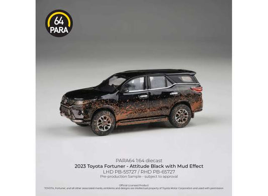 Pre-Order – 2023 Toyota Fortuner, attitude black  with mud effect 1:64 Para64 Model (PB65727) – ETA. January 2027
