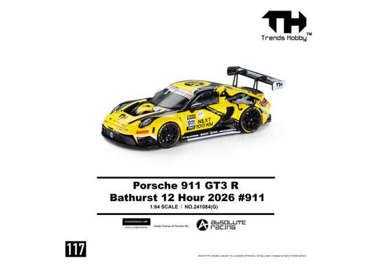 Pre-Order – 2026 Porsche 911 GT3 R-Bathurst 12 Hour #911, yellow/black 1:64 Trends Hobby Model (TH241084G) – ETA. December 2026