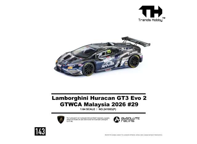 Pre-Order – 2026 Lamborghini Huracan GT3 EVO #29 GTWCA Malaysia, various 1:64 Trends Hobby Model (TH241083P) – ETA. December 2026