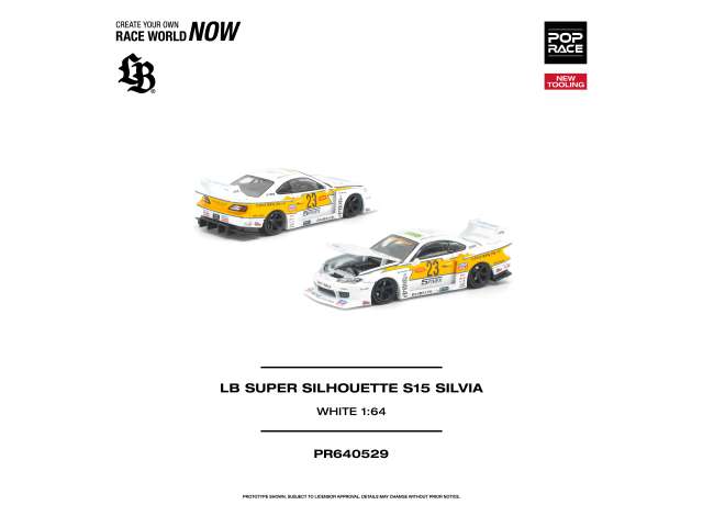Pre-Order – LB Super Silhouette S15 Silvia, white/orange 1:64 Pop Race Limited Model (PR640529) – ETA. June 2027