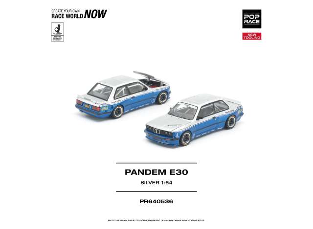 Pre-Order – Pandem E30, silver/blue 1:64 Pop Race Limited Model (PR640536) – ETA. June 2027