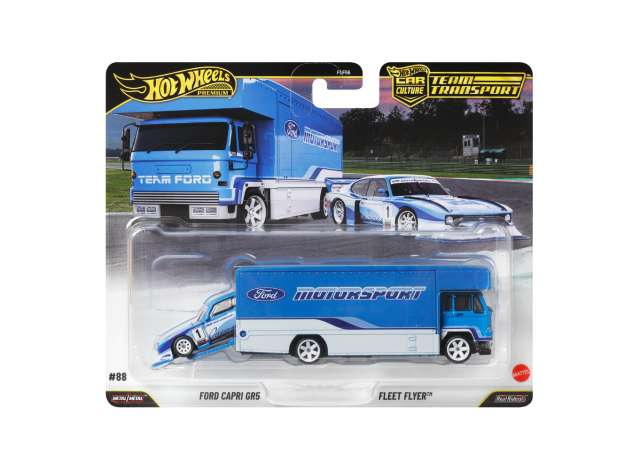 Pre-Order – Ford Capri GP5 + Fleet Flyer *Team Transport series*, blue/white 1:64 Hotwheels Model (HWMVJHX89) – ETA. December 2026