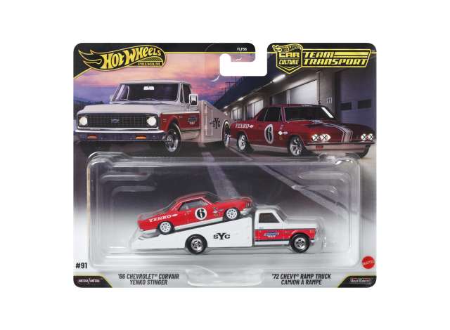 Pre-Order – Chevrolet Corvair Yenko Stinger + 1972 Chevrolet Ramp Truck *Team Transport series*, white/red 1:64 Hotwheels Model (HWMVJHX91) – ETA. December 2026