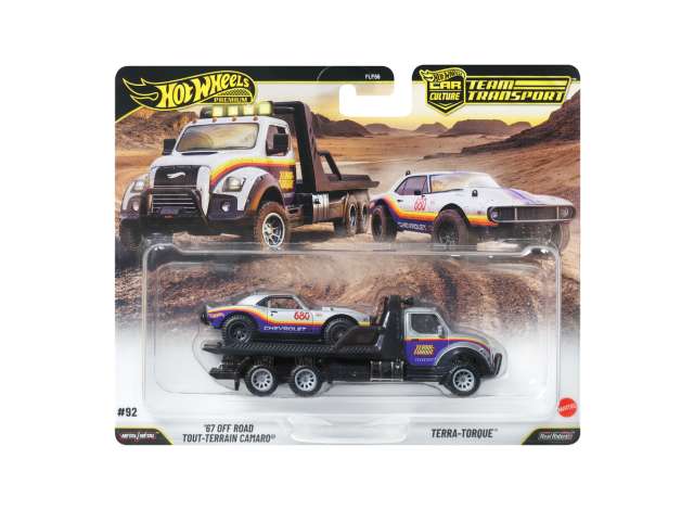 Pre-Order – 1967 Off Road Camaro + Off road Murica Flat Bed *Team Transport series*, various 1:64 Hotwheels Model (HWMVJHX93) – ETA. December 2026
