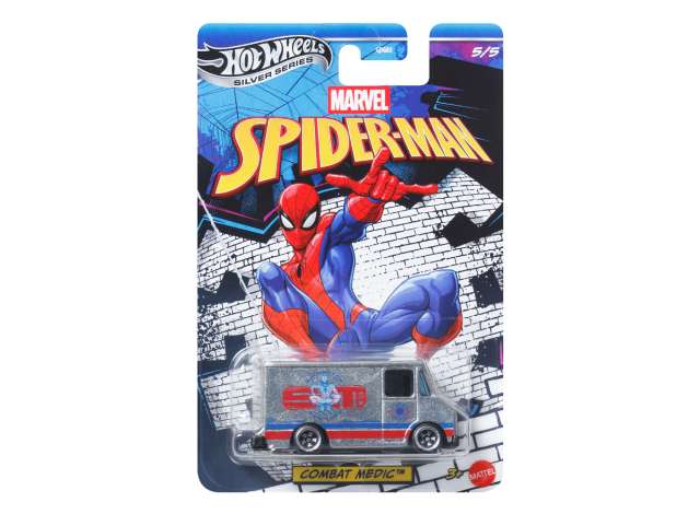 Pre-Order – Combat Medic *Spider-Man*, silver/blue/red 1:64 Hotwheels Model (HWMVJKX29) – ETA. December 2026