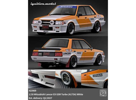 Pre-Order – Mitsubishi Lancer EX GSR Turbo (A175A), white/orange 1:18 Ignition Model (IG3969) – ETA. June 2027