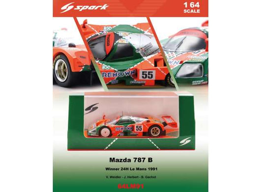 Pre-Order – 1991 Mazda 787 B #55 V.Weidler/J.Herbert/B.Gachot Winner Le Mans 24H, orange/green 1:64 Spark Model (SPA64LM91) – ETA. January 2027