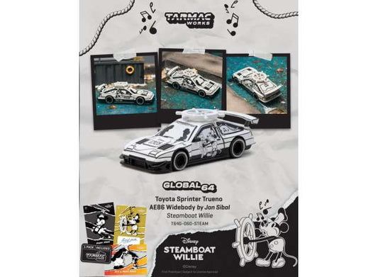 Pre-Order – Toyota Sprinter Trueno AE86 Widebody by Jon Sibal *Mickey & Friends Steamboat Willie*, white/black 1:64 Tarmac Model (TC-T64G-060-STEAM) – ETA. March 2027
